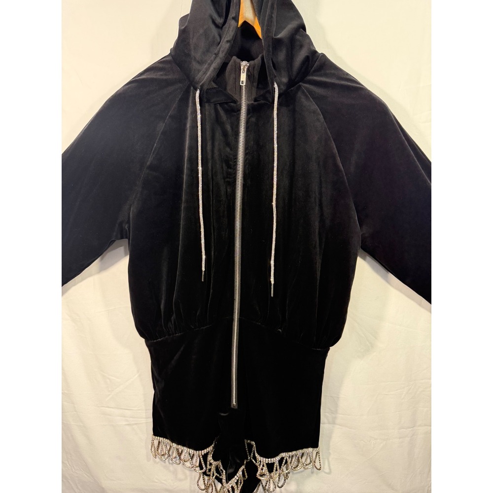 AKIRA Women M Black Velvet Hooded Romper Rhinestone Fringe Zip Up Y2K Glam